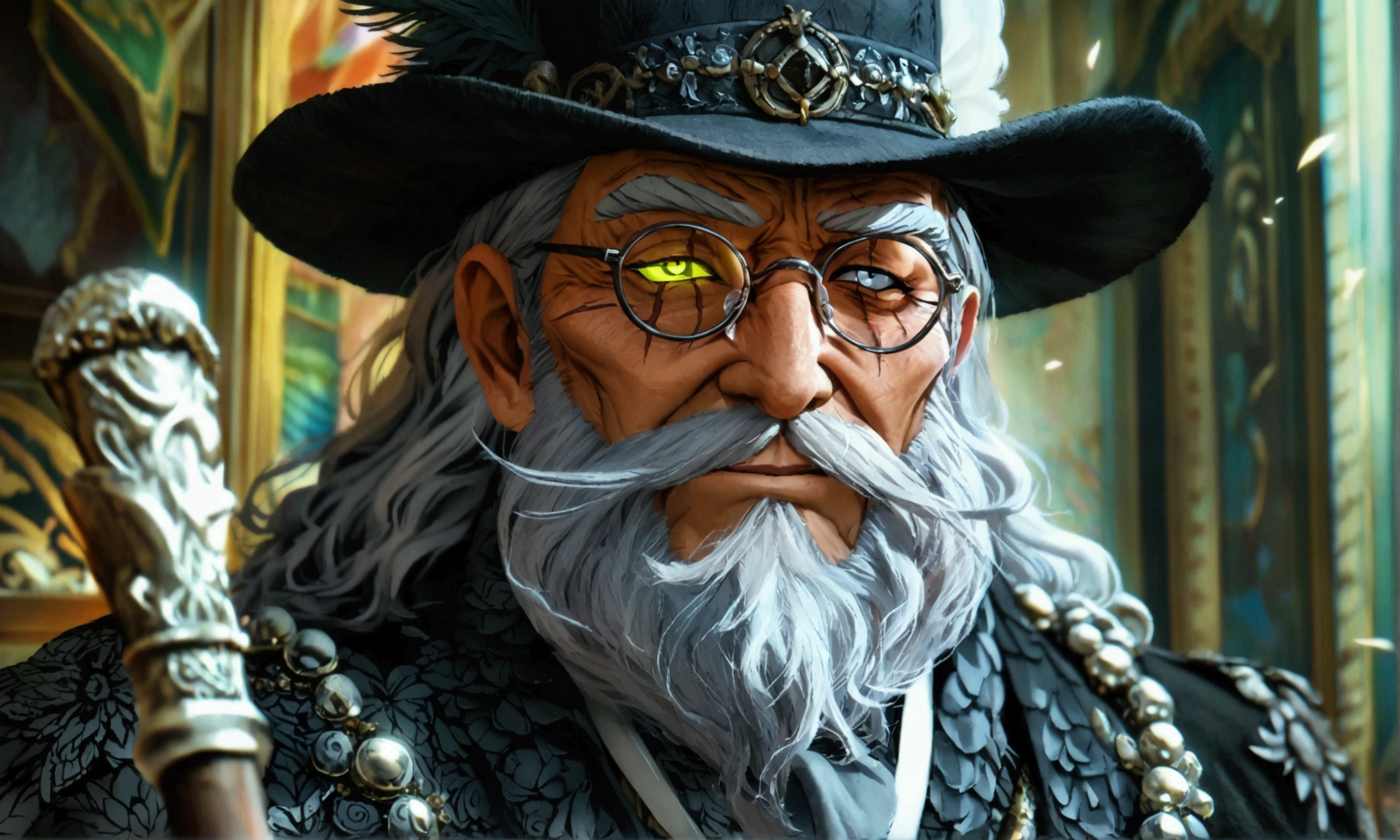 Old man, long gray hair, gray beard, gray eyes, black formal wear and black formal hat, holding a cane, body entirely covered in white bandages, scar on the eye, welcoming smile, "Anime character design inspired by One Piece, full of dramatic and impressive lighting, focus on the centralized character, impressive face, full of creative details, ultra-fine 4K design, scenery bathed in creativity, boasting 2D anime resolution clarity, HD anime graphics, high-octane rendering"