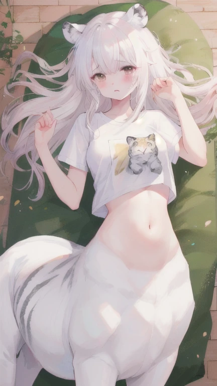 (best quality, masterpiece), 1 girl, centaur, It takes, White skin, korean ,daughter, black pink , crying sound,abdominal exposure, belly button t-shirt , 아름다운 소녀 perfect white tiger photo, perfect white tiger photo