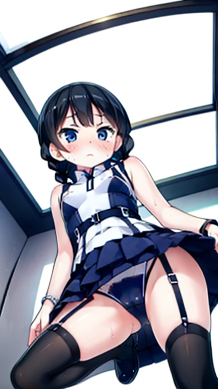 (Highest quality), (masterpiece), 1080P, High resolution, 4K, 8k, Thigh straps, Shooting from directly below, The woman on top of me, Nipples, 白いSweat, Covered , Sweat, Woman looking down, Micro Bikini, Skirt swimsuit, Thigh-high socks, To achieve this, , Small breasts, whole body, Black leather shoes, Braided hair, Inner Color, Embarrassed face, Short black hair, bracelet, Bedroom,celestial body_Vest