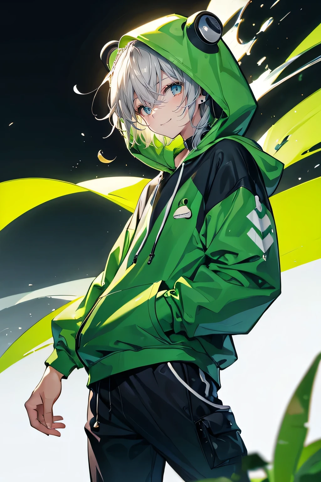  Anthropomorphic humanoid frog in modern clothes, hoodie, male、Grey Hair、A seductive smile, Simple Background, Character portrait, earphone, 