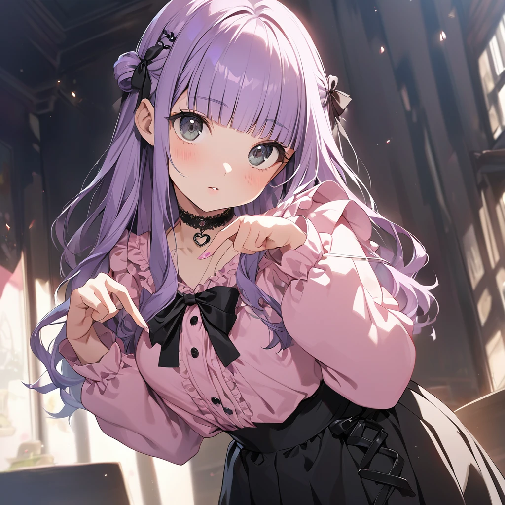 (Cute a girl:1.5), (a girl with pale purple hair, blunt bangs hair, green and black eyes, closs hair pin,
pink shirt,cosplay, jirai kei, bangs, black skirt, black bow, looking at viewer, long sleeves, choker, ribbon:1.4), anime visual, (tilt head:1.3), realistic lighting and shading, (an extremely delicate and beautiful art:1.3),flat chest, a girl's left breast, making a heart shape with her fingers,
