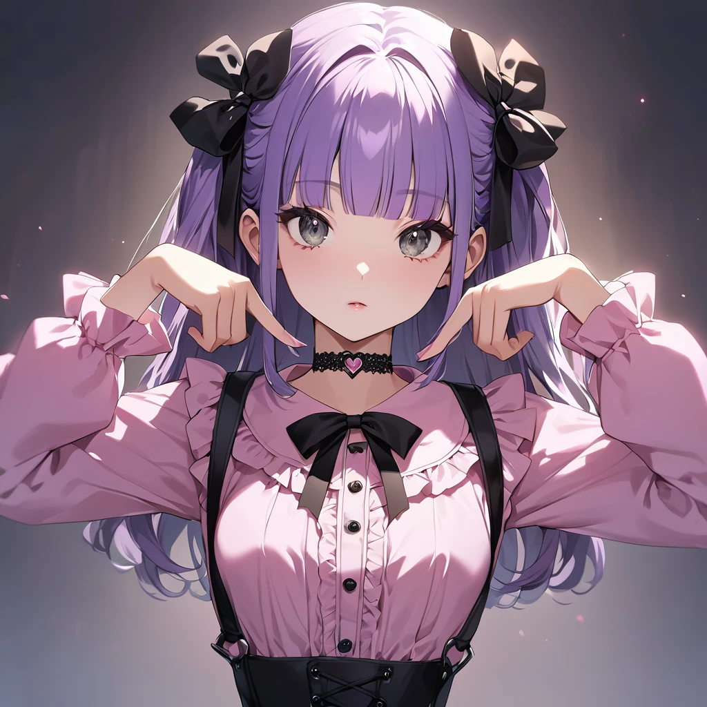  (Cute a girl:1.5), (a girl with pale purple hair, blunt bangs hair, green and black eyes, closs hair pin,
pink shirt,cosplay, jirai kei, bangs, black skirt, black bow, looking at viewer, long sleeves, choker, ribbon:1.4), anime visual, (tilt head:1.3), realistic lighting and shading, (an extremely delicate and beautiful art:1.3),flat chest, a girl's left breast, making a heart shape with her fingers,