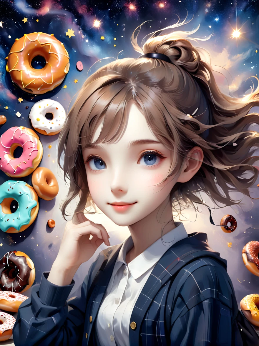(masutepiece,Digital art,Digital illustration,8k,Super Fine,Beautiful images,Clear images,Photorealism,original photo,Perfect face,Perfect lines,Perfect eyes,Soft Lighting),1girl,(Light brown hair,High bun,Innocent expression,drooped eyebrows,droopy eyebrows,Droopy eyes,Cute big eyes,Natural makeup,Friendly smile,Rounded chin,Petite female:1.3),1boy,(Men wear,muscular,Broad and strong shoulders,Adult male,Boyish Hairstyle,British gentleman style,Cool Boy、A man with a big smile:1.2),(nervous,shy,sleepy,Awkward:1.2),Innocent smile,(Awkward,shy的微笑:1.1),充满灯光的Donut店,Donut,各种Donut,Uniforms,suit,Black plaid pleated skirt,Loose cardigan,Female high school student,(吃Donut:1.9),Couple,(microorganism,plant,Marine life,Exquisite eyes,Starry Sky,Stitching together an abstract painting,Describing the inner world of autistic people,Sense of space,White Space,interesting,Innocence,Psychedelic Art)