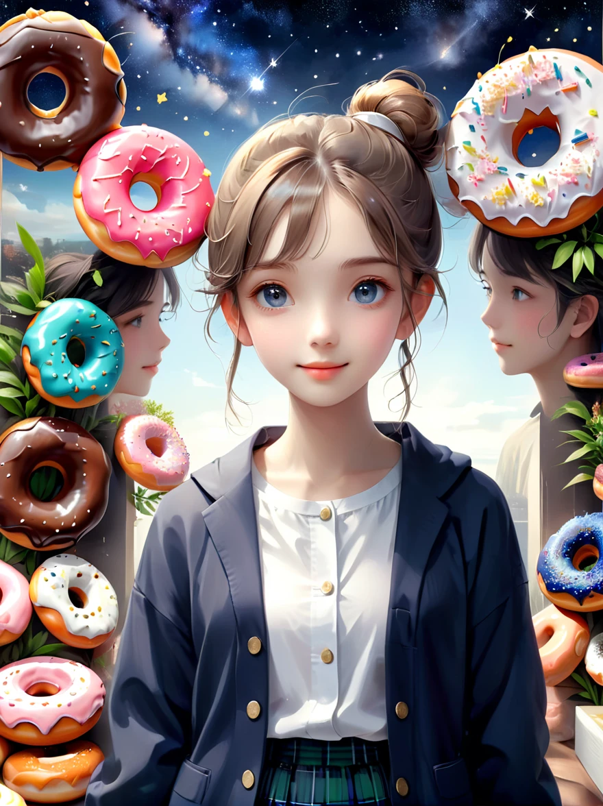(masutepiece,Digital art,Digital illustration,8k,Super Fine,Beautiful images,Clear images,Photorealism,original photo,Perfect face,Perfect lines,Perfect eyes,Soft Lighting),1girl,(Light brown hair,High bun,Innocent expression,drooped eyebrows,droopy eyebrows,Droopy eyes,Cute big eyes,Natural makeup,Friendly smile,Rounded chin,Petite female:1.3),1boy,(Men wear,muscular,Broad and strong shoulders,Adult male,Boyish Hairstyle,British gentleman style,Cool Boy、A man with a big smile:1.2),(nervous,shy,sleepy,Awkward:1.2),Innocent smile,(Awkward,shy的微笑:1.1),充满灯光的Donut店,Donut,各种Donut,Uniforms,suit,Black plaid pleated skirt,Loose cardigan,Female high school student,(吃Donut:1.9),Couple,(microorganism,plant,Marine life,Exquisite eyes,Starry Sky,Stitching together an abstract painting,Describing the inner world of autistic people,Sense of space,White Space,interesting,Innocence,Psychedelic Art)