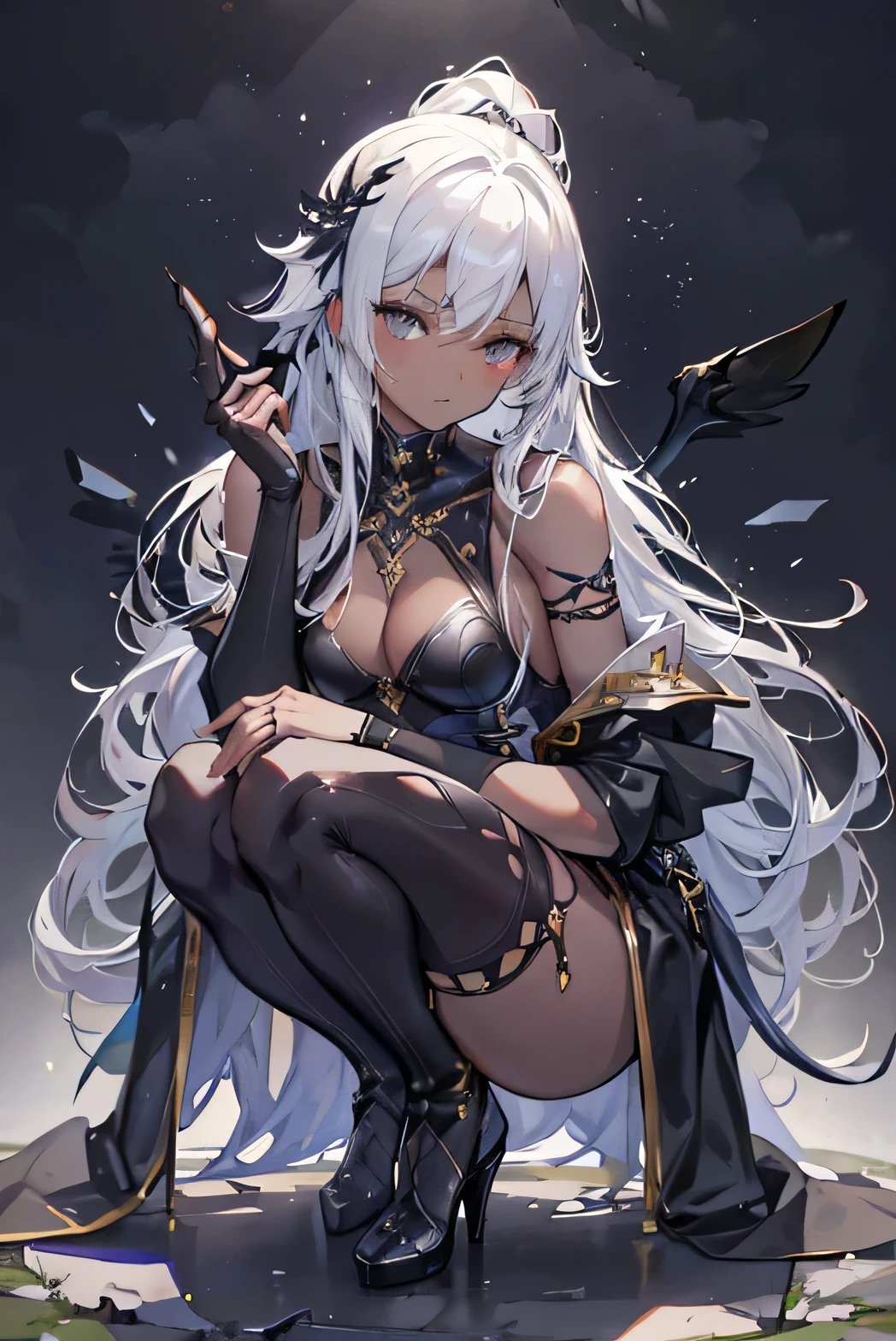 Flat lighting,elevation,sexy,A beautiful woman with supple curves,((Highest quality)), ((masterpiece)), (detailed), One girl,Silver Hair,Long Hair,Dark Skin,Wearing a black sleeveless dress,Wear black high heels,Squatting pose on top of the tower,Starry Sky,cloud,Girl with black wings,Look away