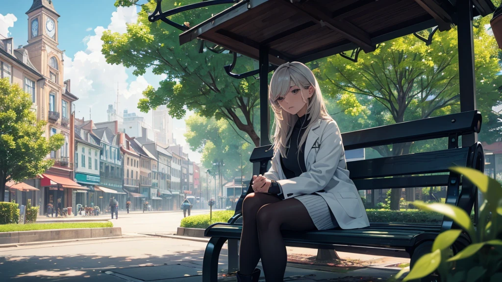 a sad girl sitting on a bench in a town square, a male doctor in a white coat walking by on the right, highly detailed, 4k, photorealistic, studio lighting, vivid colors, cinematic composition, dramatic lighting, emotional expression, beautiful detailed eyes, beautiful detailed lips, extremely detailed face, long eyelashes, melancholy, urban environment, street, city, architecture, bench, green trees, grass, cloudy sky