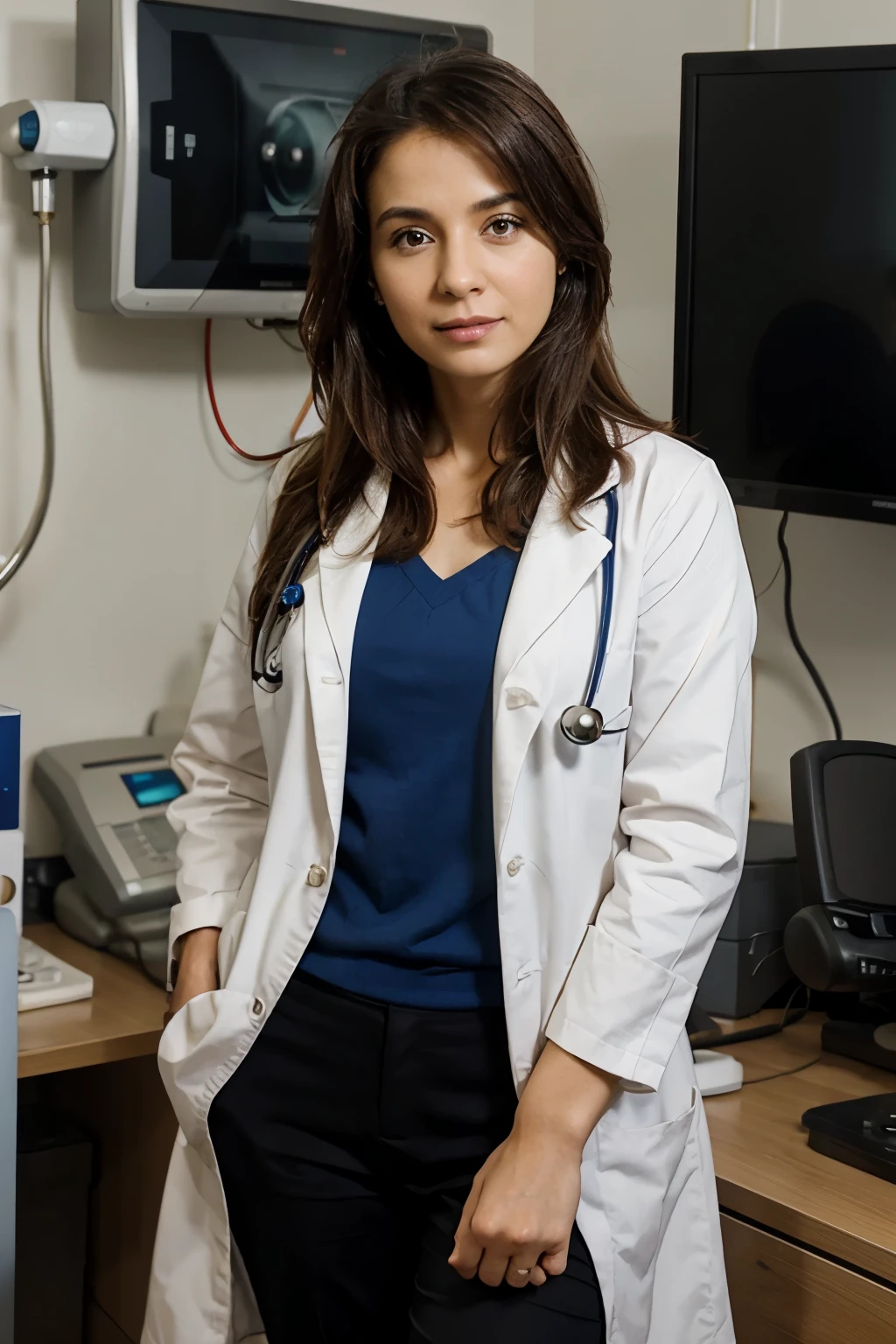 A picture of a doctor in her office, in front of the camera, advising patients 