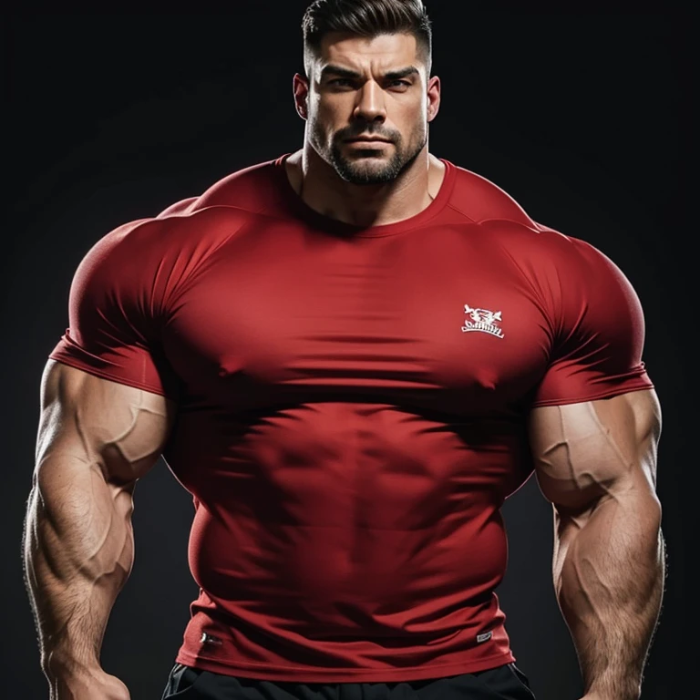 a man, massively muscular, with massively large muscles, wearing a red shirt