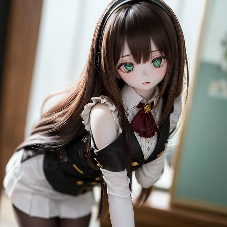 (SFW:2), photorealistic, realistic photo, 8k, ((highest quality)), ((masterpiece)), (extremely detailed), kukolnydom, doll, (mature woman, 21yo, 21 years old, solo:1.6), ((cowboy shot, dynamic pose, slim, slender, skinny, medium breasts, hairband, ascot, vest, blouse, long puff sleeves, pleated skirt, black pantyhose)), (green eyes, brown hair, long hair, plastic skin, looking at another, glass eyes, gradient eyes, shining eyes, detailed eyes:1.3)