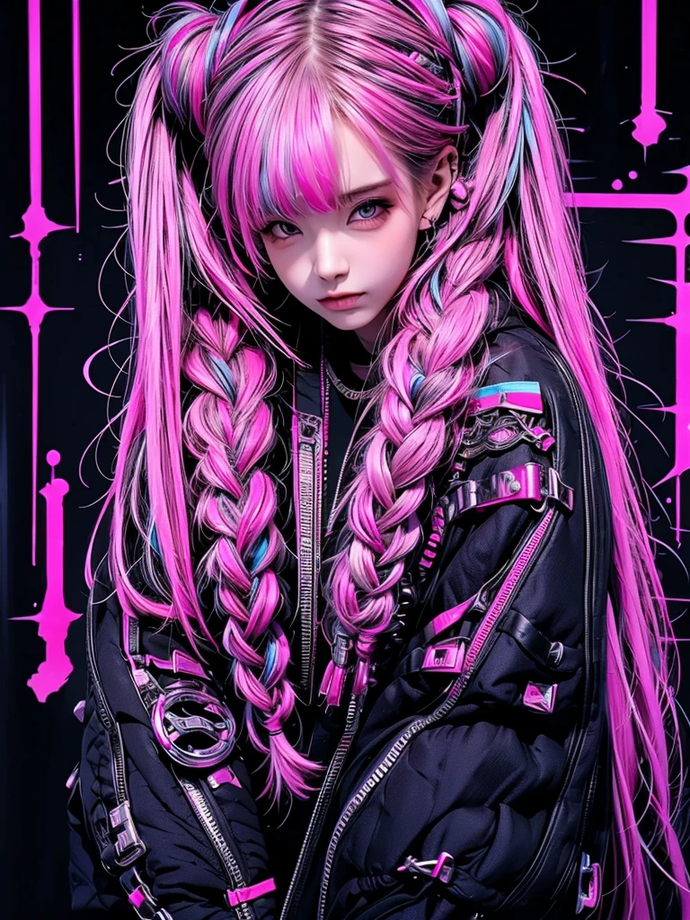 High quality, high resolution, rough texture, cyberpunk, 1 person, beautiful girl, cool face, glaring expression, pink and blue hair color, twin tails, braided, hugging a cyberpunk black teddy bear