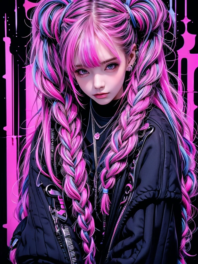 High quality, high resolution, rough texture, cyberpunk, 1 person, beautiful girl, cool face, glaring expression, pink and blue hair color, twin tails, braided, hugging a cyberpunk black teddy bear