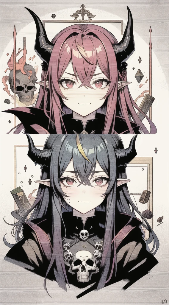 Red and black clothes, Gray Hair, Long Hair, Food, Devil horns, Pointed Ears, Skull on shoulder, Red eyes, bangs, Hair between the eyes, Red particles, Multicolored Hair,
masterpiece, Highest quality, Upper Body, Portraiture,