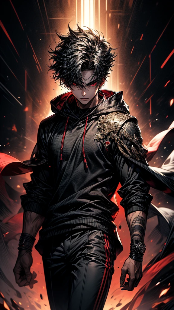 Masterpiece, best quality, high resolution, highly detailed, 1 young boy ( teenager ), young handsome face,  black hair ( light in the hair), red eyes ( glowing eyes ), cold expression ( cold look ), wearing a black hoodie, and black pants, black watch, surrounded by the splendors of the universe, pay attention to stunning details, and achieve a resolution of k, floating in a dynamic pose, high quality, with a majestic aura of authority. 