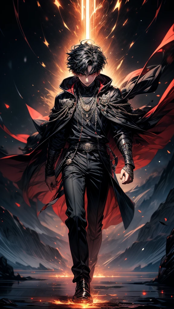 Masterpiece, best quality, high resolution, highly detailed, 1 young boy ( teenager ), young handsome face, black hair ( light in the hair), red eyes ( glowing eyes ), cold expression ( cold look ), wearing a black hoodie, and black pants, black watch, surrounded by the splendors of the universe, pay attention to stunning details, and achieve a resolution of k, floating in a dynamic pose, high quality, with a majestic aura of authority.