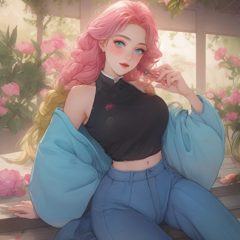 girl、(((One person)))、Pink Hair、Black mini skirt、camisole、blue eyes、boost mood