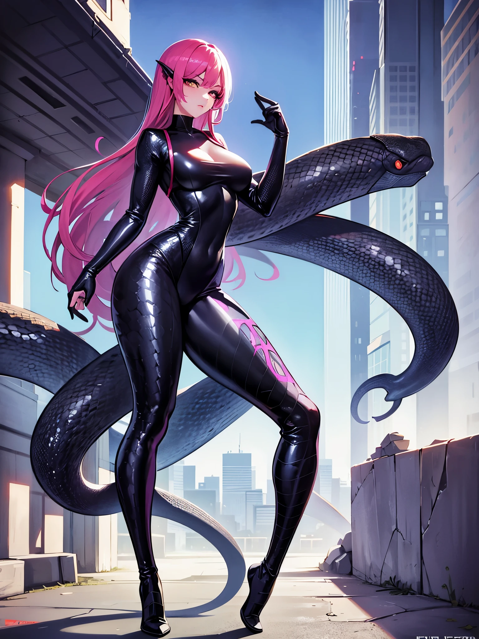 a beautiful snake girl, modern world, dangerous, highly detailed clothing, narrow pupils, full body shot, sexy, Lamia, woman, great shapes, dynamic art, Snake Girl, Modern Clothes, City, Bright Colors