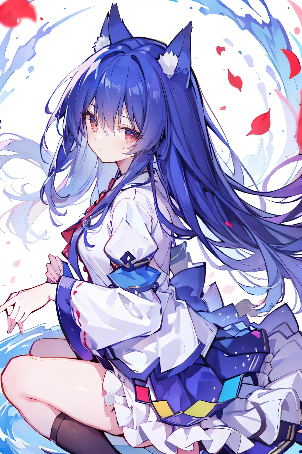 （masterpiece：1.2），Super detailed，lifelike，Expressive eyes，fair skin，perfect face shape，1 girl，
Japanese comics,Gorgeous blue hair,flowing blue hair,flowing clothes,Cat ears,Petals fall,beautiful lola,Baby Angel,
Shaking head with one hand，Cross your legs，，The pavilion is cool and comfortable,smile,back views,sunrise,Petals fall,Long sleeve，skirt，Red Eye，solo，Japanese clothes，Sky，Fox ears，Fox Tail，Fox Girl，