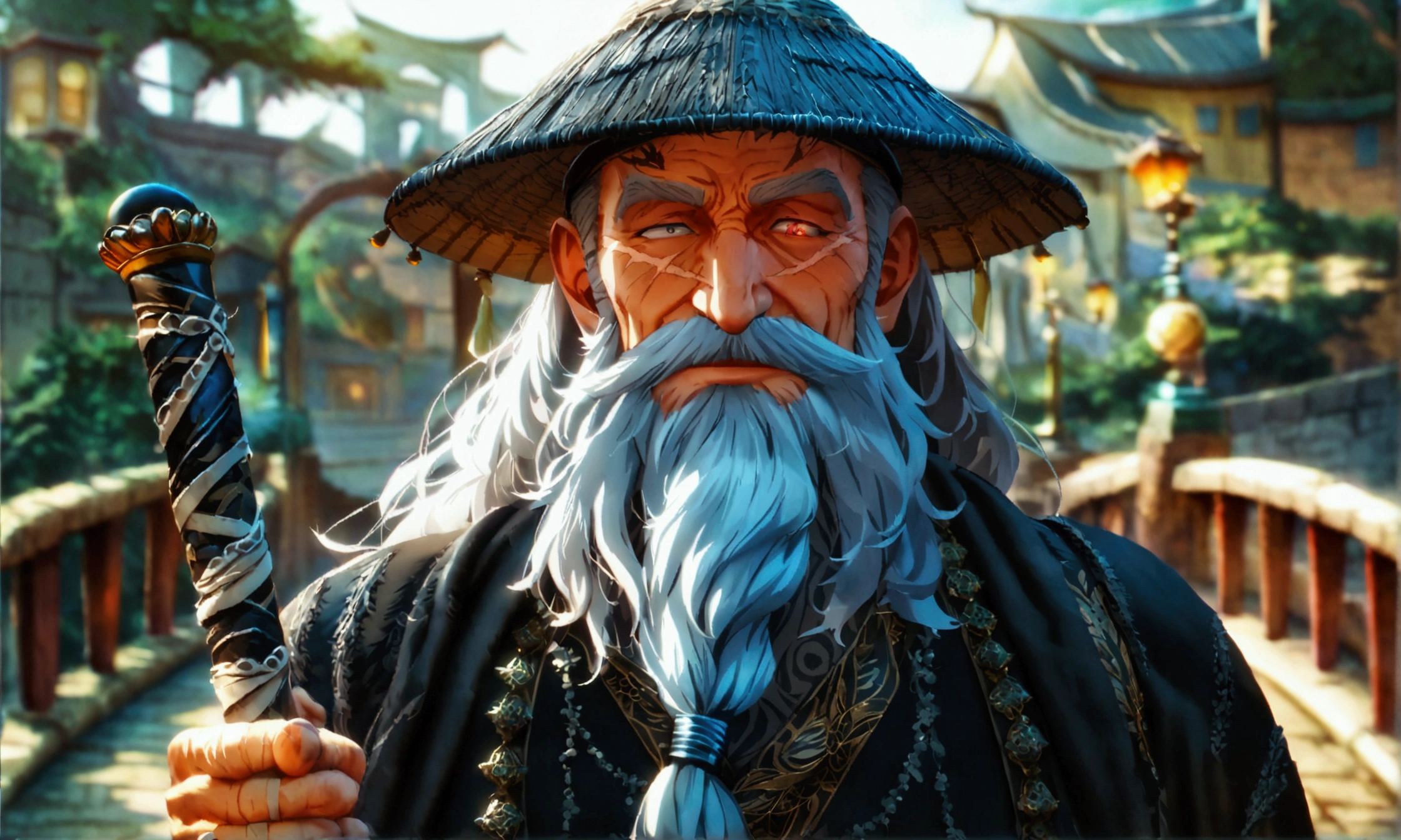 Old man, long gray hair, gray beard, gray eyes, black formal wear and black formal hat, holding a cane, body entirely covered in white bandages, scar on the eye, welcoming smile, old bridge background, "Anime character design inspired by One Piece, full of dramatic and impressive lighting, focus on the centralized character, impressive face, full of creative details, ultra-fine 4K design, scenery bathed in creativity, boasting 2D anime resolution clarity, HD anime graphics, high-octane rendering"