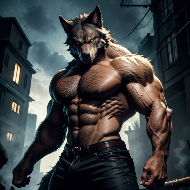 a werewolf, massively muscular, with massively large muscles
