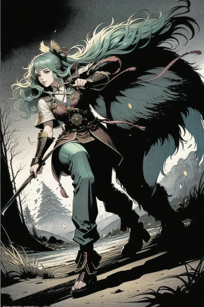 (Highest quality, masterpiece, colorful, Dynamic Angle, highest detaileded),(High resolution textures), Dynamic pose, Bokeh, (intricate detaileds), Official Art, highest detaileded,Natural skin texture, Perfect Face,One girl,
(Mint green hair,Beach Waves,Chino pants,Hand on chin pose,Enchanted Forest,Samurai Warriors,reproduction)
more detailed,detailed,
