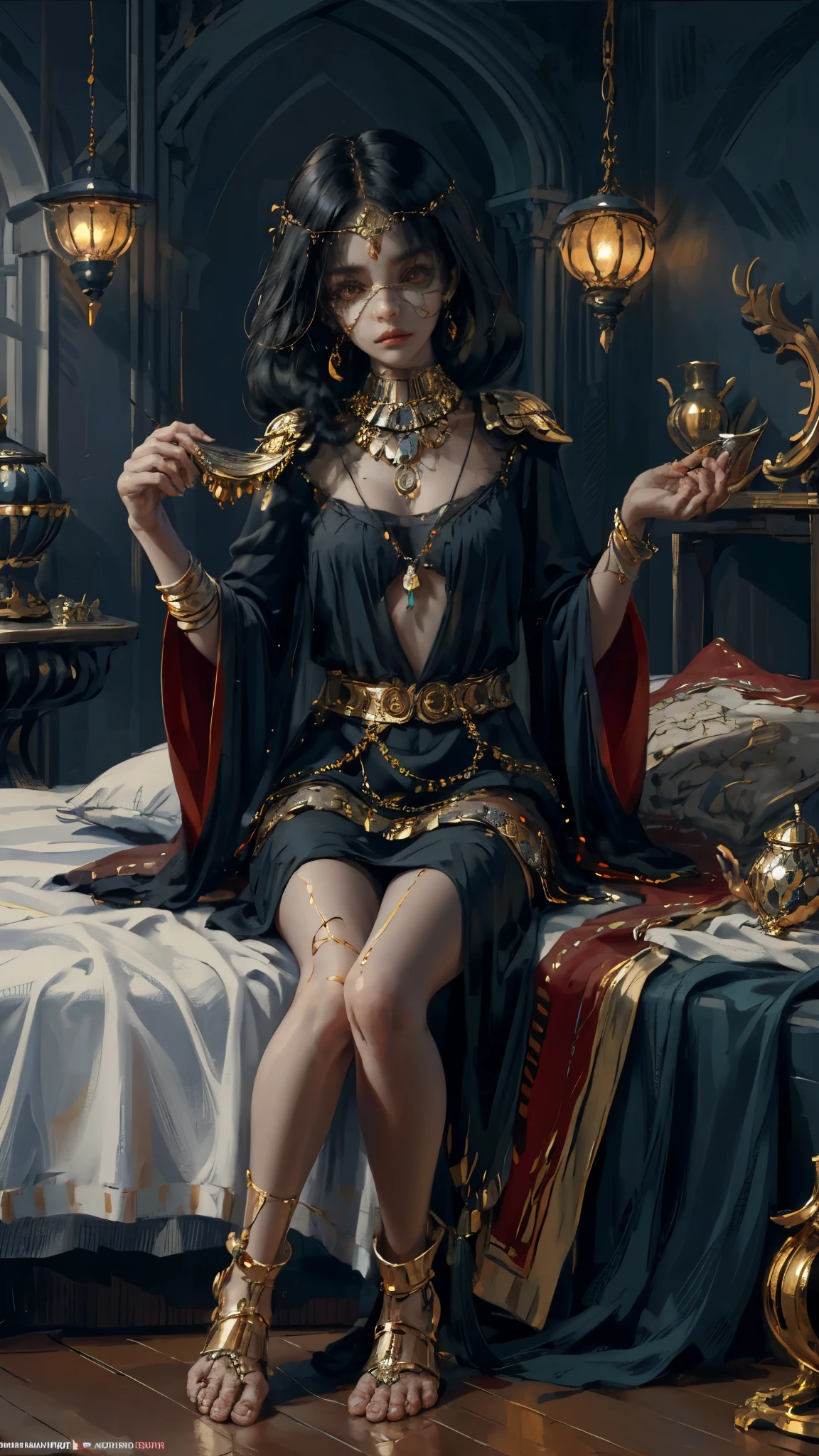 sick girl,Beautiful Middle Eastern folk costumes, ,girl sitting on bed in dark room,long bangs that cover the eyes,Long,A dark-haired,deadpan,jewellery,outside of house,hair adornments,Pendants,jewely,Full body painting,gypsy,Brown-skinned,Open both legs,reaching out her hand,,