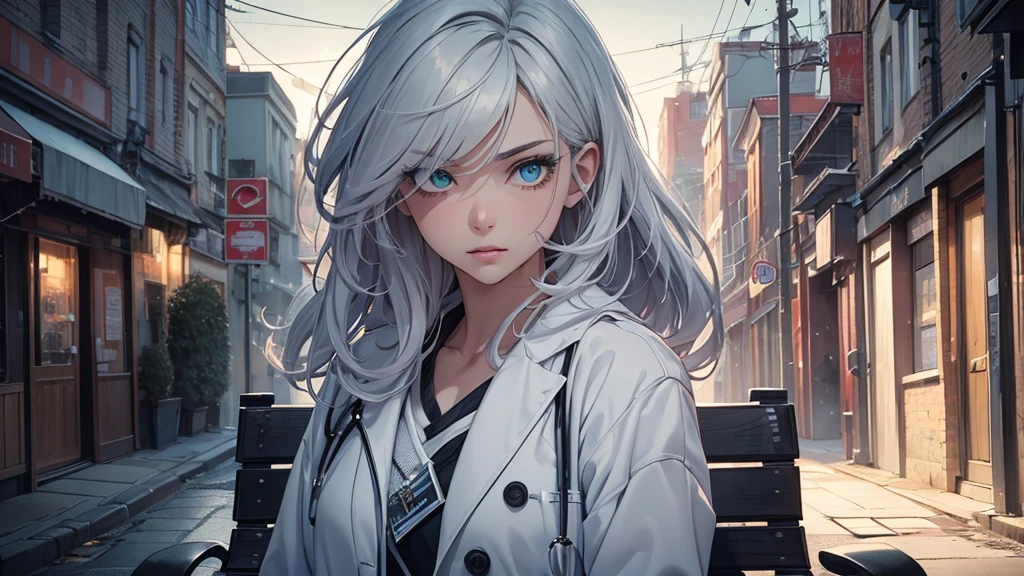 a sad girl is looking at a male doctor in a white coat, highly detailed, 4k, photorealistic, studio lighting, vivid colors, cinematic composition, dramatic lighting, emotional expression, beautiful detailed eyes, beautiful detailed lips, extremely detailed face, long eyelashes, melancholy, urban environment, street, city, architecture, bench, green trees, grass, cloudy sky