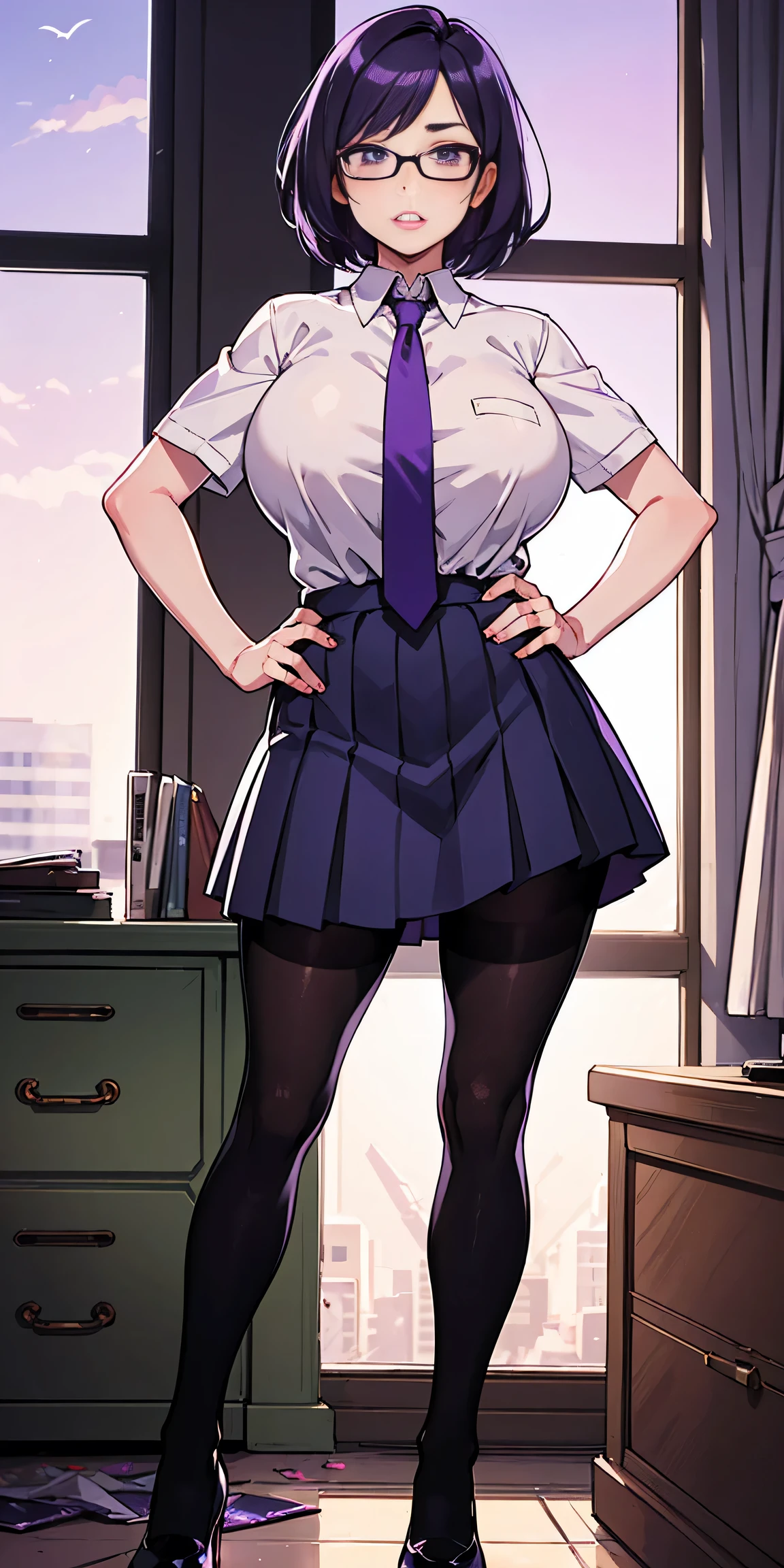 (high quality:1.1), cinemating lighting, extremely detailed,
Natsume, standing, hands on hips,
determined, clenched teeth,
purple hair, black hair, short hair, lips, purple eyes, glasses,
uniform, necktie, white shirt, skirt, pantyhose, shoes, 
large breasts, thighs, 
messy room, window, sky,