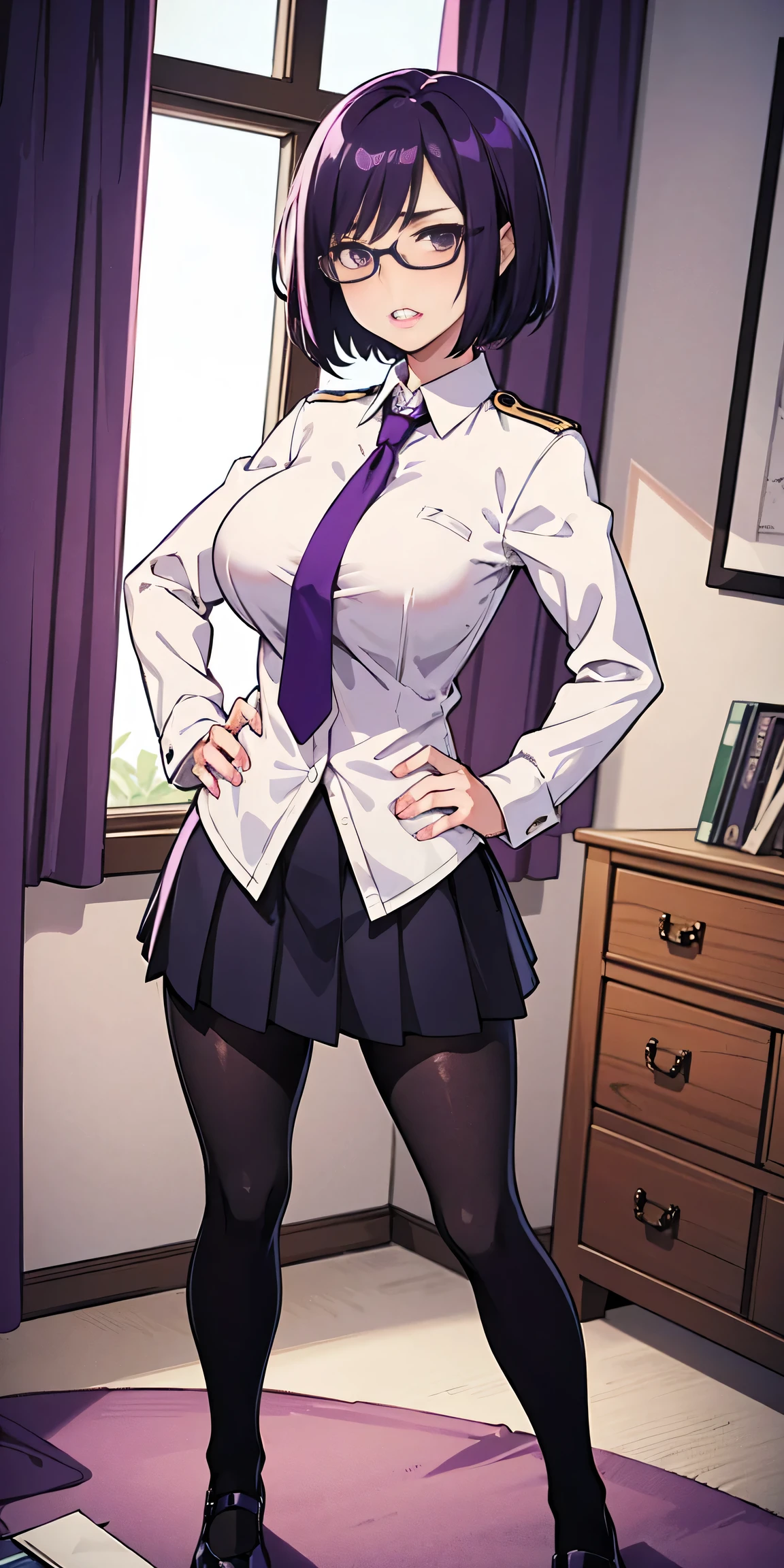 (high quality:1.1), cinemating lighting, extremely detailed,
Natsume, standing, hands on hips,
determined, clenched teeth,
purple hair, black hair, short hair, lips, purple eyes, glasses,
uniform, necktie, white shirt, skirt, pantyhose, shoes, 
large breasts, thighs, 
messy room, window, sky,