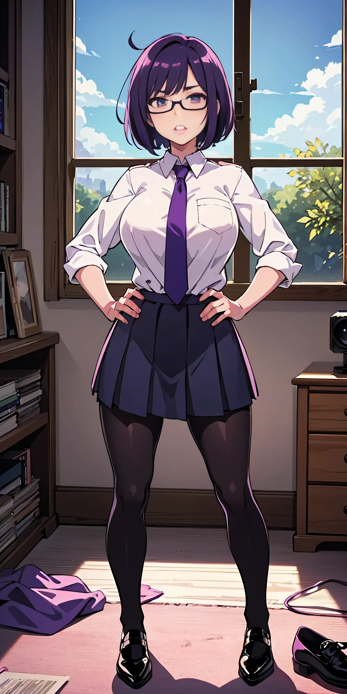 (high quality:1.1), cinemating lighting, extremely detailed,
Natsume, standing, hands on hips,
determined, clenched teeth,
purple hair, black hair, short hair, lips, purple eyes, glasses,
uniform, necktie, white shirt, skirt, pantyhose, shoes, 
large breasts, thighs, 
messy room, window, sky,