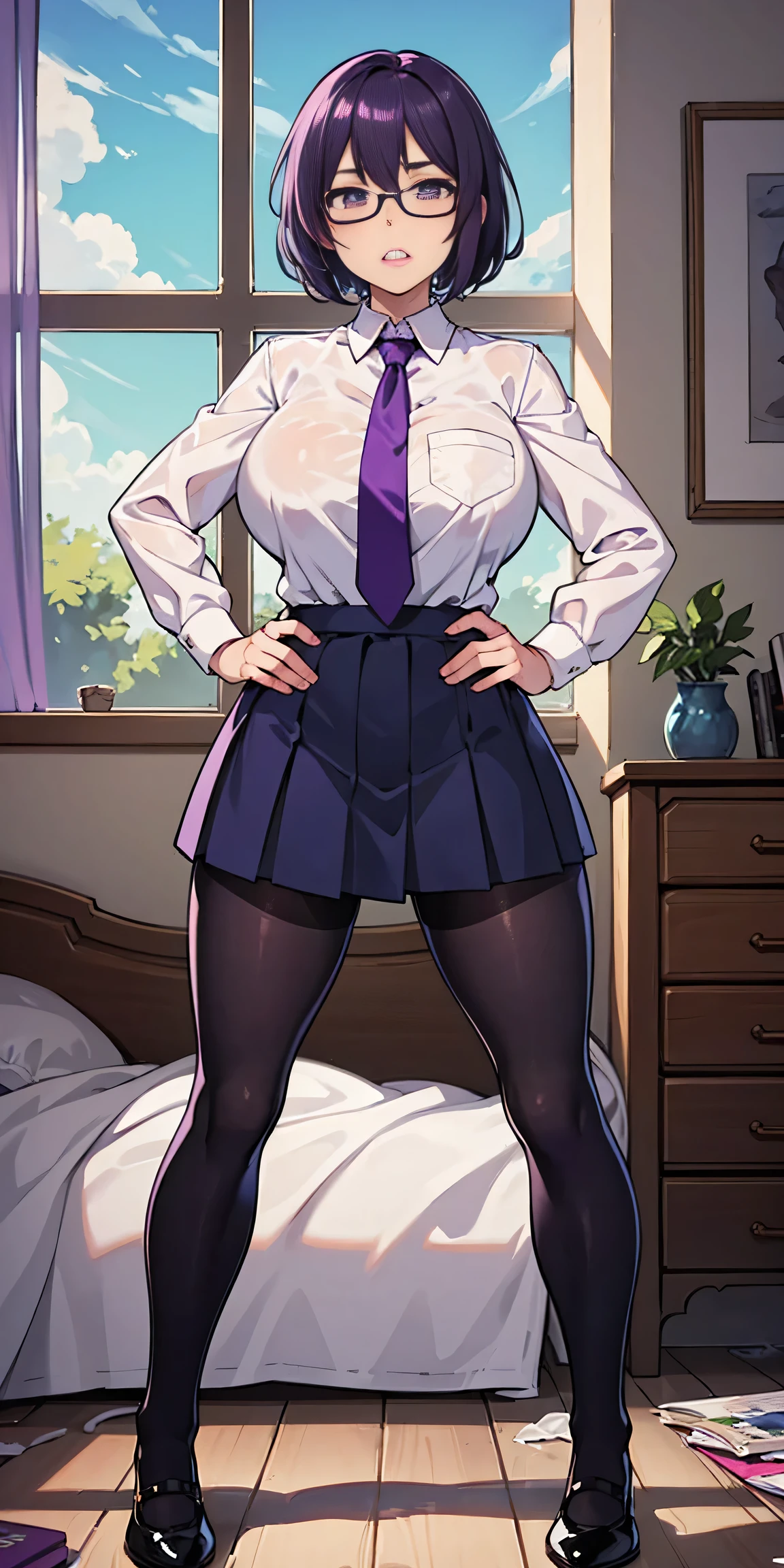 (high quality:1.1), cinemating lighting, extremely detailed,
Natsume, standing, hands on hips,
determined, clenched teeth,
purple hair, black hair, short hair, lips, purple eyes, glasses,
uniform, necktie, white shirt, skirt, pantyhose, shoes, 
large breasts, thighs, 
messy room, window, sky,