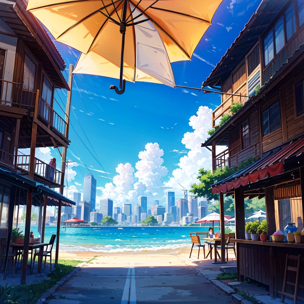 City, shaved ice, vacation, parasol, --ar 16:9 --niji 5