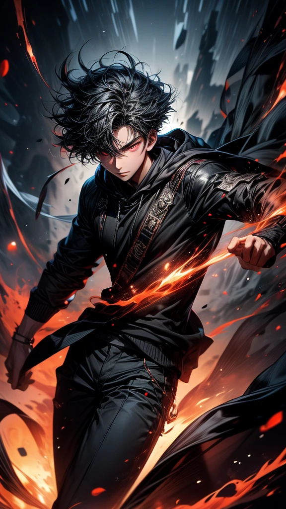 Masterpiece, best quality, high resolution, highly detailed, 1 young boy ( teenager 18 years old), young handsome face, black hair ( light in the hair), red eyes ( glowing eyes ), cold expression ( cold look ), wearing a black hoodie, and black pants, black watch, surrounded by the splendors of the universe, pay attention to stunning details, and achieve a resolution of k, floating in a dynamic pose, high quality, with a majestic red aura of authority.