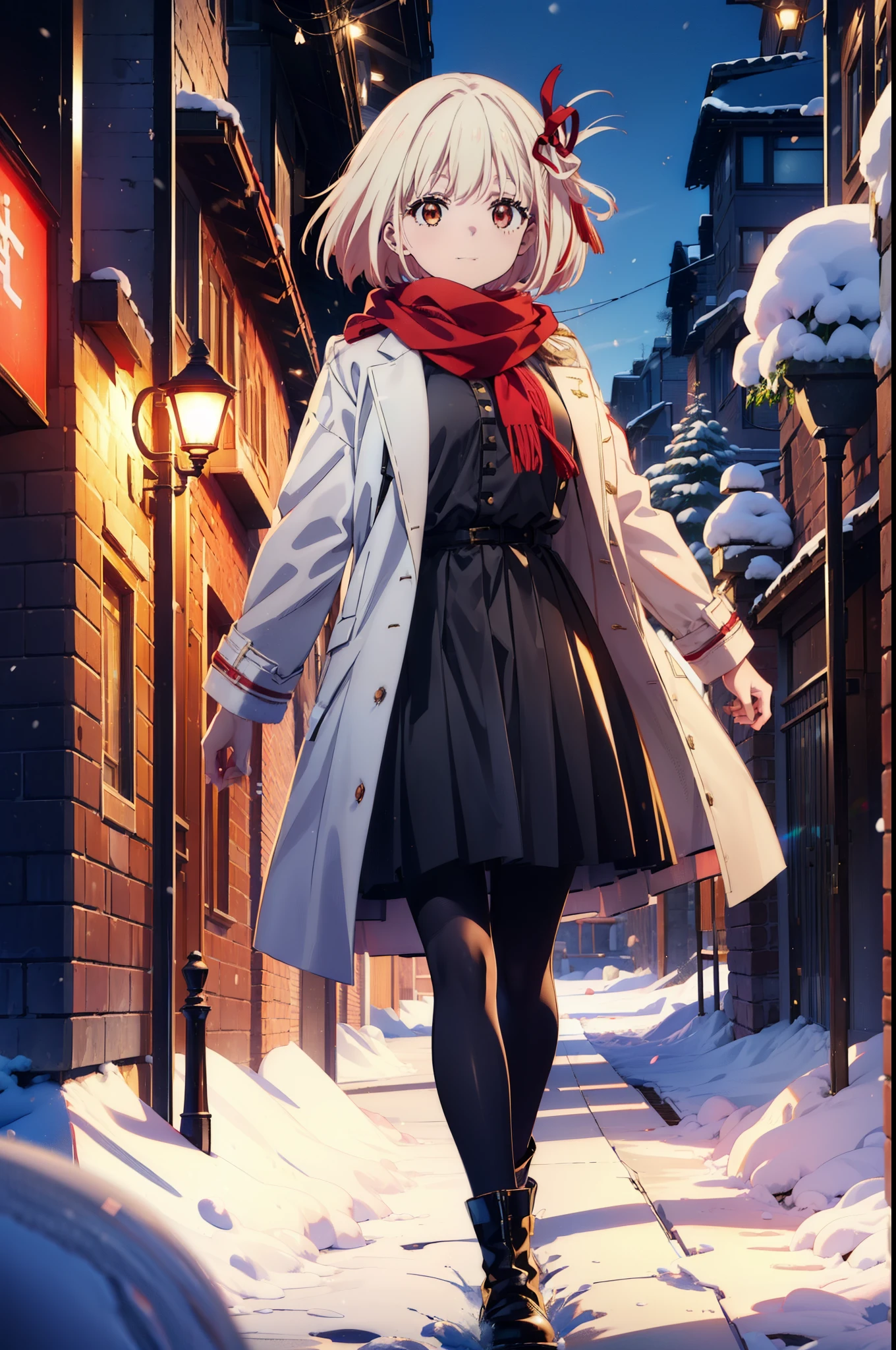 chisato nishikigi, short hair, bangs, Blonde, (Red eyes:1.5), hair ribbon, One side up, Bobcut,happy smile, smile, Open your mouth,Red scarf,White long coat,Long skirt,Black Pantyhose,short boots,Walking,snowが降っている,snowが積もっている,snow,snow,snow,whole bodyがイラストに入るように
break looking at viewer, whole body,
break outdoors, Building district,
break (masterpiece:1.2), highest quality, High resolution, unそれy 8k wallpaper, (shape:0.8), (Beautiful and beautiful eyes:1.6), Highly detailed face, Perfect lighting, Highly detailed CG, (Perfect hands, Perfect Anatomy),