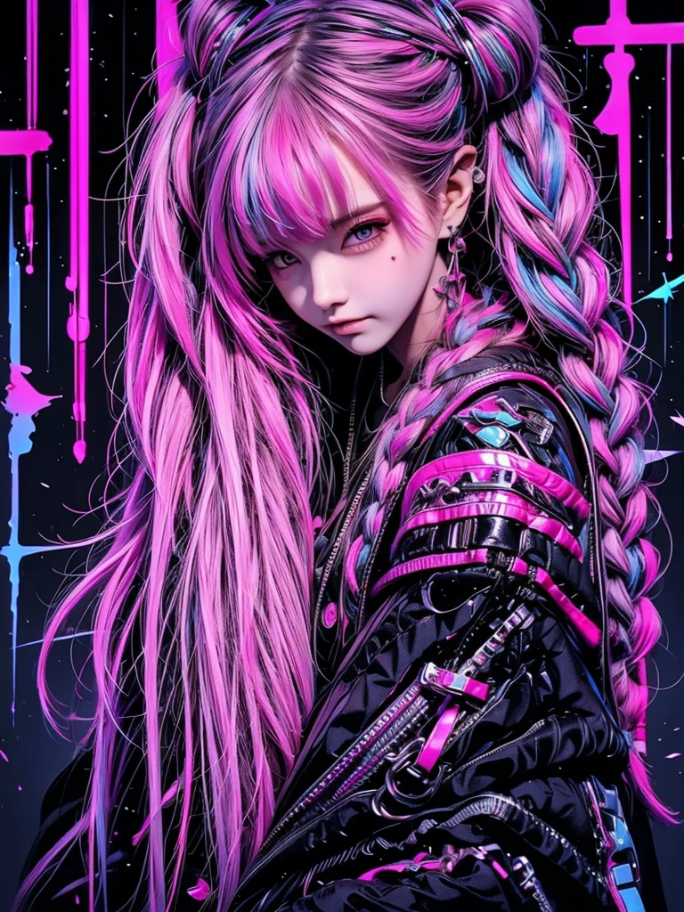 High quality, high resolution, rough texture, cyberpunk, 1 person, beautiful girl hugging a cyberpunk teddy bear, cool face, glaring expression, pink and blue hair color, twin tails, braid, hugging a cyberpunk black teddy bear