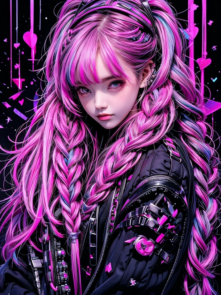 High quality, high resolution, rough texture, cyberpunk, 1 person, beautiful girl hugging a cyberpunk teddy bear, cool face, glaring expression, pink and blue hair color, twin tails, braid, hugging a cyberpunk black teddy bear