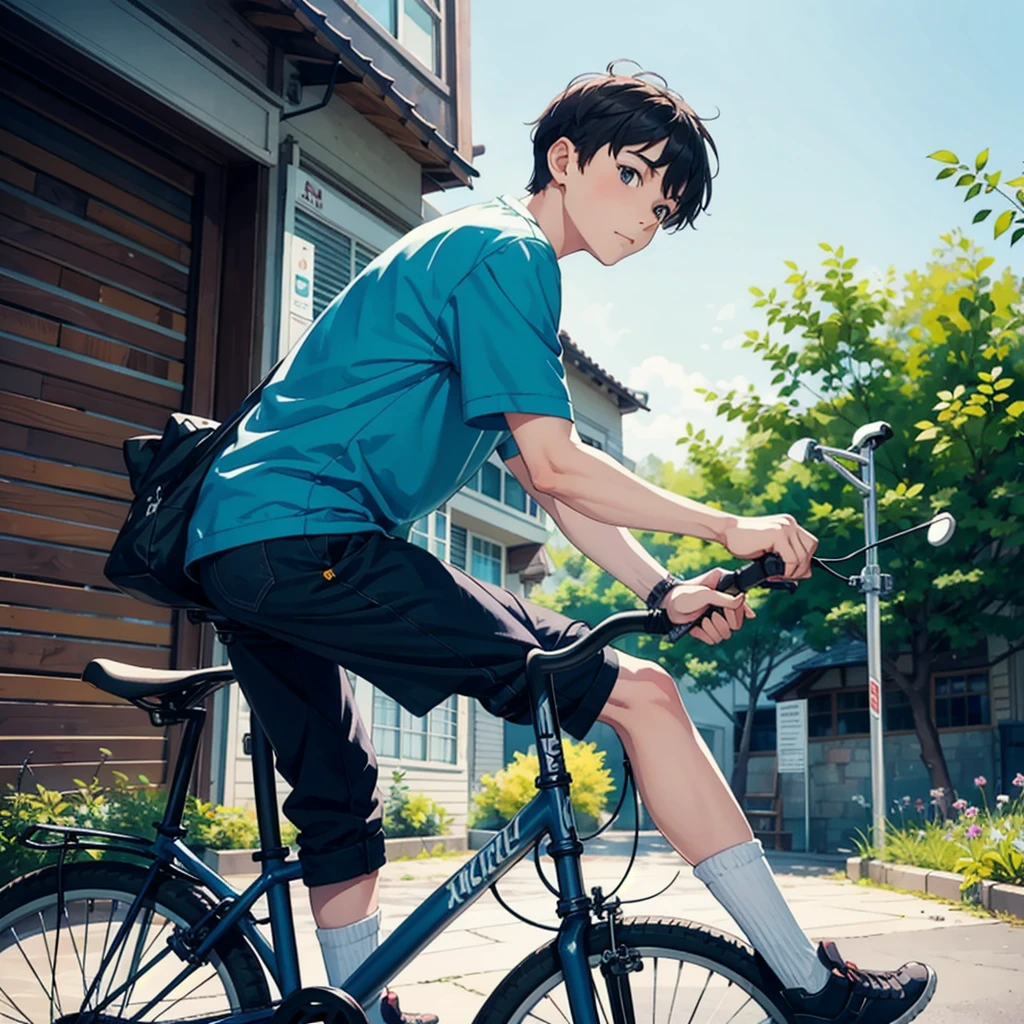 「A boy passionately riding a BMX bike、Create cute and fluffy watercolor illustrations。The scene is、In vibrant pastel style、Boy&#39;s concentration、excited、It needs to express the thrill of sports。Key Elements: Dynamic boy wearing colorful helmet and protective gear、Pause、Jumping、Or showing off tricks on a stylish BMX bike with a fun design and bright colors. A look of determination and joy on his face.: Vibrant BMX park with ramps and obstacles