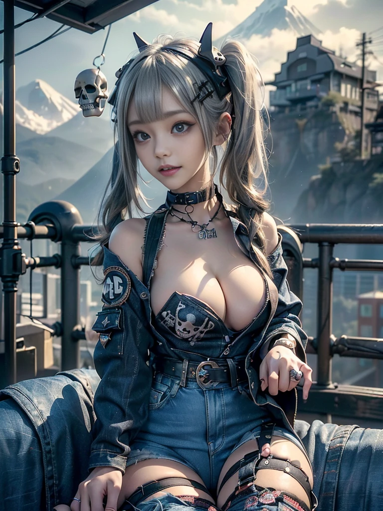 (Beautiful lips and nose:1.4)、(Long eyelashes:1.4)、(Smiling with teeth showing:1.3),(Shibuya Gal:1.5)、(Gothic ta delicately decorated dress:1.5)、(Tattered denim and black punk rock cargo pants:1.5)、(Denim and black navy skull mark small jacket:1.4)、(denim garter belt:1.5)、(Black and denim knee socks:1.3)、(Skull Silver Accessories:1.5)、(Denim collar:1.3)、(Brown Skin Belt:1.4)、(Brown boots:1.2)、(The underwear is striped:1.4)、31 years old、((Highest quality、In 8K、masterpiece:1.3))、Sharp focus:1.2、(Layered Cut、Huge boobs:1.1),Beautiful woman with perfect figure:1.4、(Dancing vigorously:1.3)、Slender Abs:1.2、Highly detailed face and skin texture、Detailed eyes、double eyelid,(Twin tails:1.3)、(Cream colored hair:1.3)、Gravure idol、(The background is a vast mountain with a clear view々Beautiful luxury resort destination in Europe:1.3)、(Slim Body:1.2),(Make your legs thinner:1.4),(clavicle:1.1)