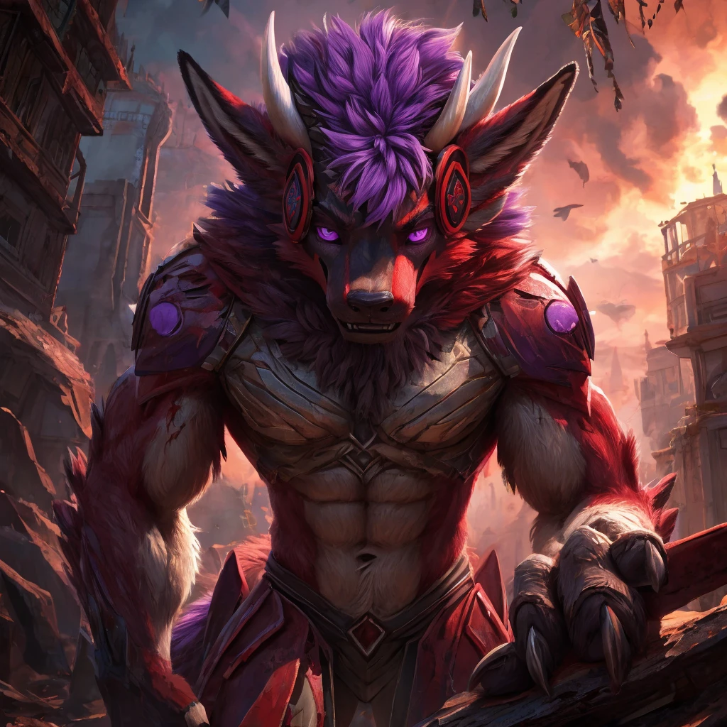 a young male anthropomorphic red and white with purple eyes and purple hair on its head between the ears, grey blackish paws, fox with a close-up sideways view, detailed eyes, nose, and mouth, purple headphones, detailed red body fur, muscular build, claws, horns, fantasy creature, cryptid, anthropomorphic art, fursona, hyper detailed, 8k, photorealistic, dramatic lighting, cinematic zombie style