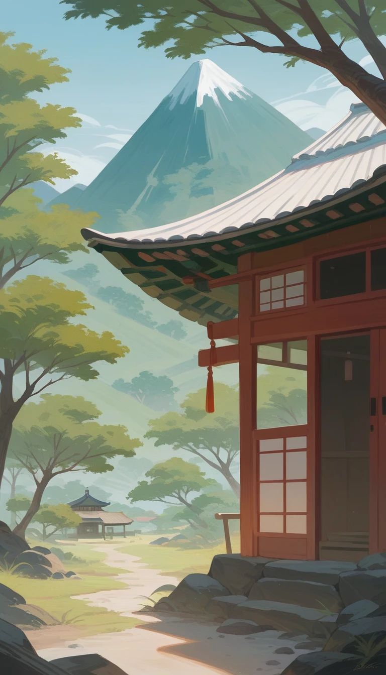 Green savana, tree in the middle, Beside the tree there is a japanese house, there are mountain, warm vibes, 4K