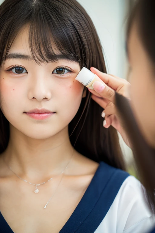 lens: 135mm f1.8, (Highest quality), (Cute Japan ), (Moisturized lips), Narrow eyes, double eyelid, Delicate clavicle, Flat Chest , I'm ashamed of my smallness, Underdeveloped breasts, smile, (Spotted sunlight: 1.2), Professional Lighting, (Trendy clothing), (Sunburned skin: 0.2), Full body photo, Full Body Focus, Beautiful and upright、A proper honor student、Kneel on the floor、With a middle-aged Japanese man