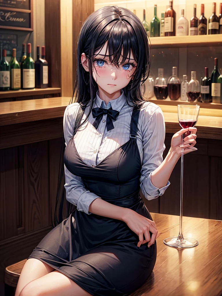 Woman, in a bar, sitting at the counter, wearing black dress, blue colored eyes, tears in the eyes, Holding a glass of wine in his left hand, Bblack hair