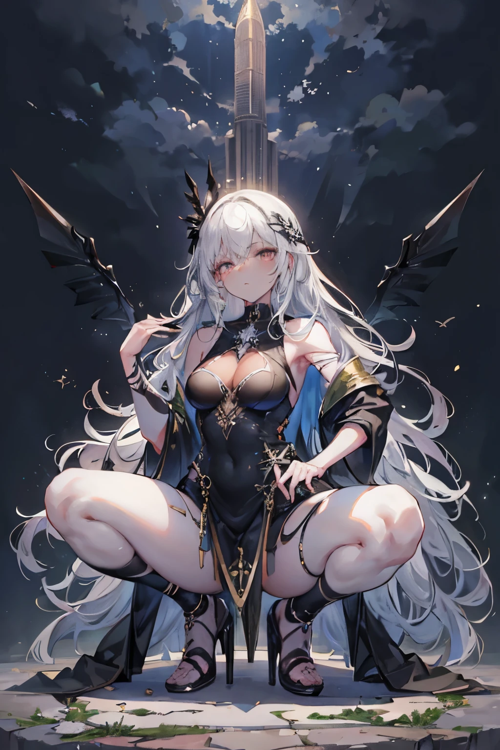 Flat lighting,elevation,sexy,A beautiful woman with supple curves,((Highest quality)), ((masterpiece)), (detailed), One girl,Silver Hair,Long Hair,Dark Skin,Wearing a black sleeveless dress,Wear black high heels,Squatting pose on top of the tower,Starry Sky,cloud,Girl with black wings,Look away