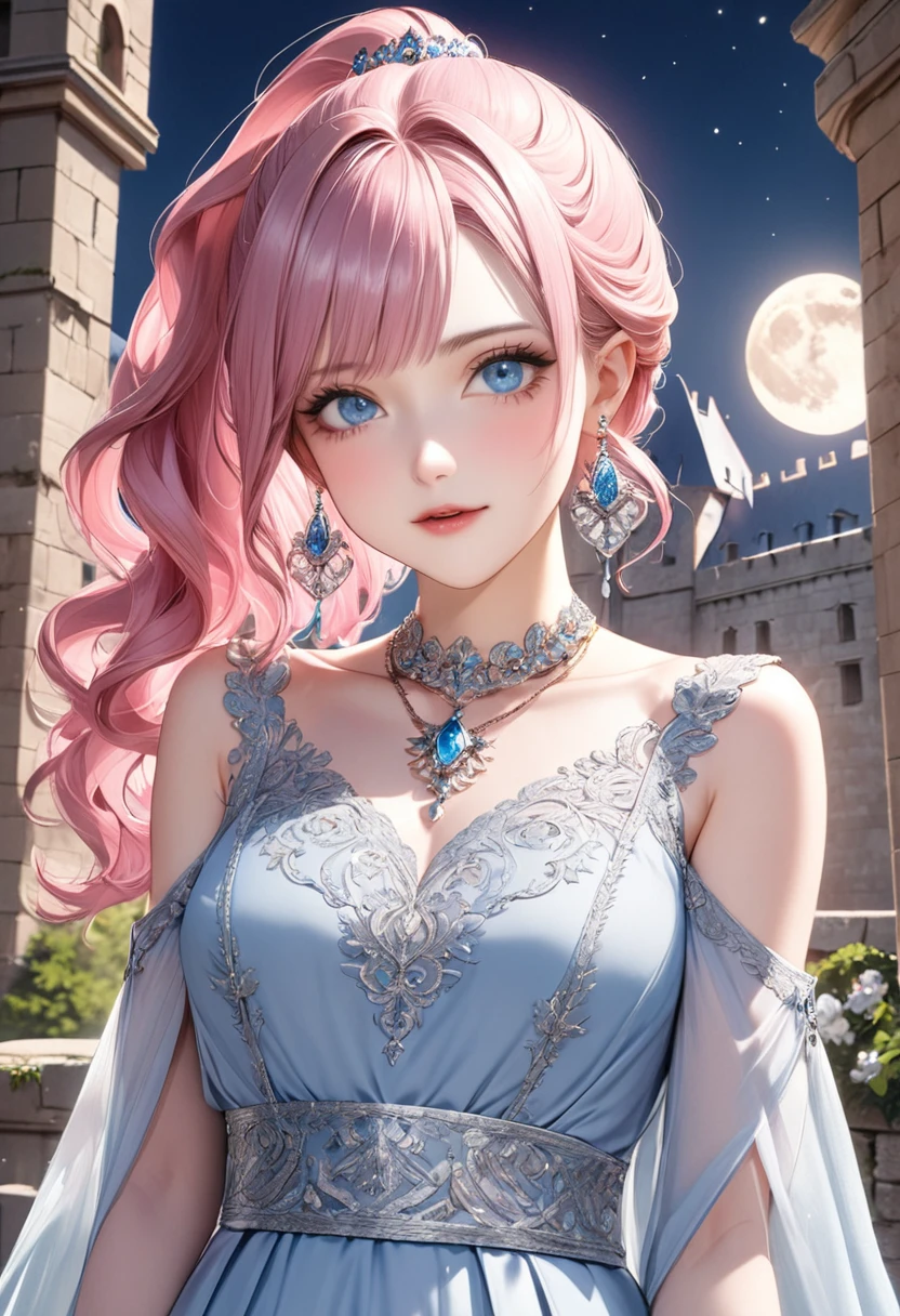 1 female Pink ponytail Pink eyebrows Dull light blue eyes Socialite debut A light blue long dress with silver embroidery Inside the castle full moon hair ornaments Gorgeous necklace with matching earrings Silver waist