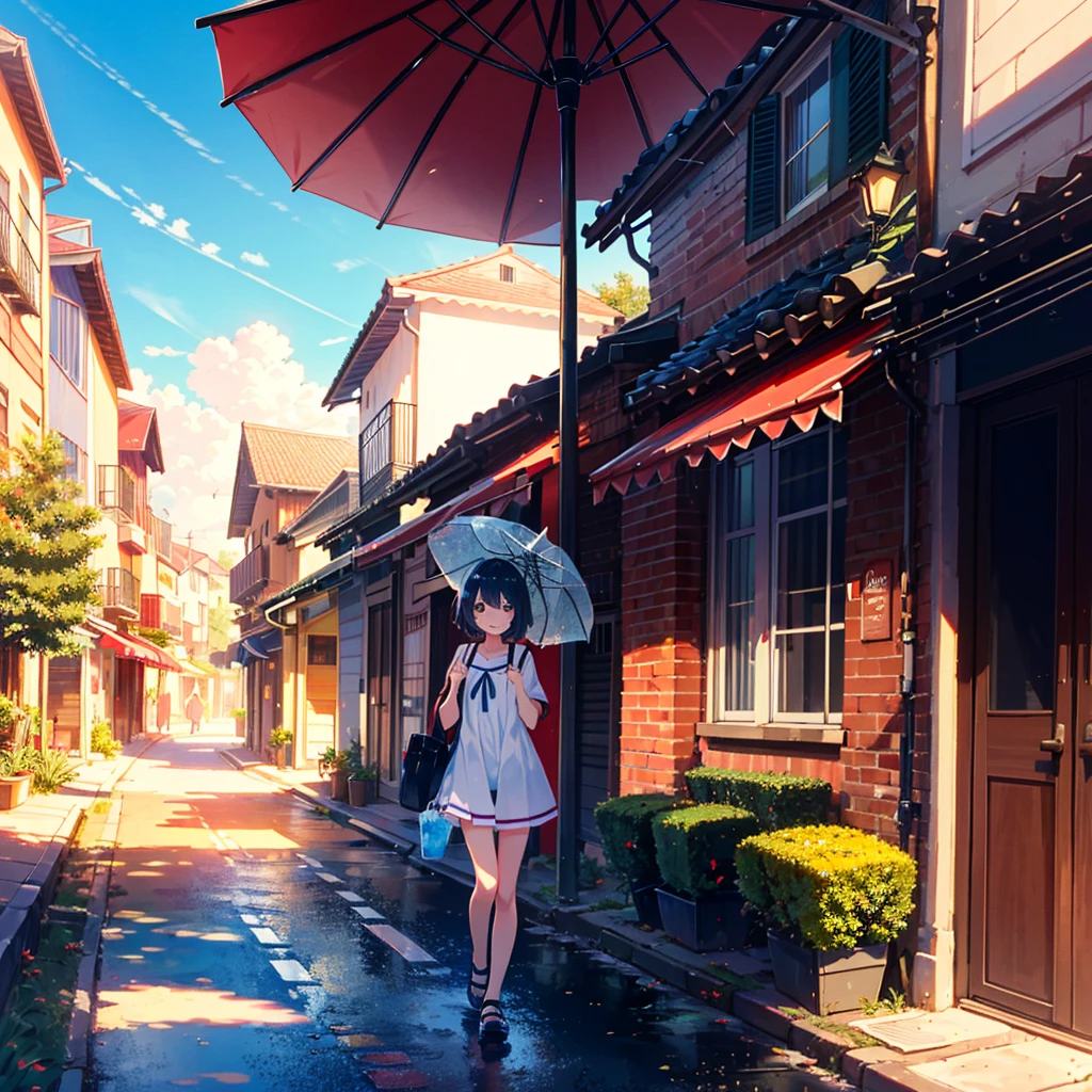 City, shaved ice, vacation, parasol, --ar 16:9 --niji 5, one girl, , young, small, summer clothes, smile,