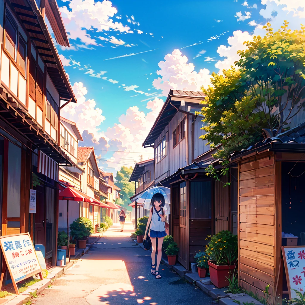 City, shaved ice, vacation, parasol, --ar 16:9 --niji 5, one girl, , young, small, summer clothes, smile,