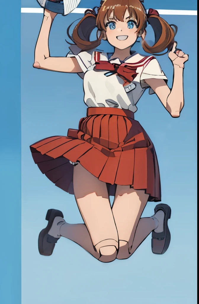 android, beautiful robot, short pigtails, brown hair, Hair tie with two big red clothespins, big smile, brown hair, middle age, joint seam, blue eyes, full body figure, Height: 160cm, Light beige micro mini dress, fluttering skirt, skirt folds, white retro swimwear, Uplifting, 2020s anime style, 21thcentury japan animation, show White pantie