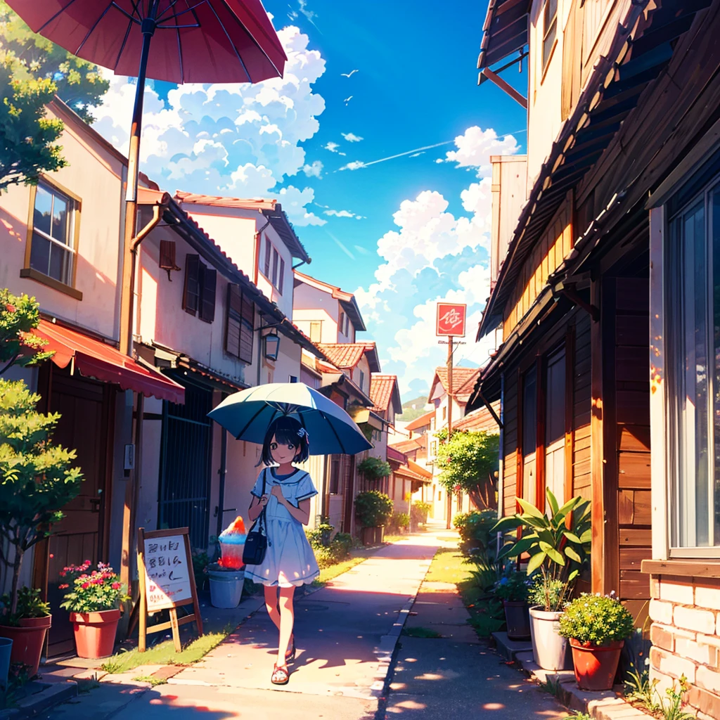 City, shaved ice, vacation, parasol, --ar 16:9 --niji 5, one girl, , young, small, summer clothes, smile,