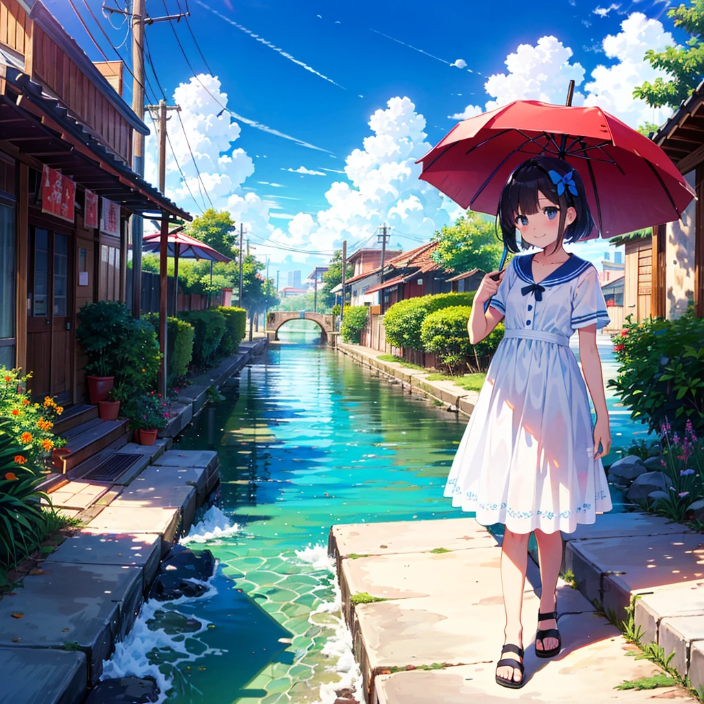City, shaved ice, vacation, parasol, --ar 16:9 --niji 5, one girl, , young, small, summer clothes, smile,