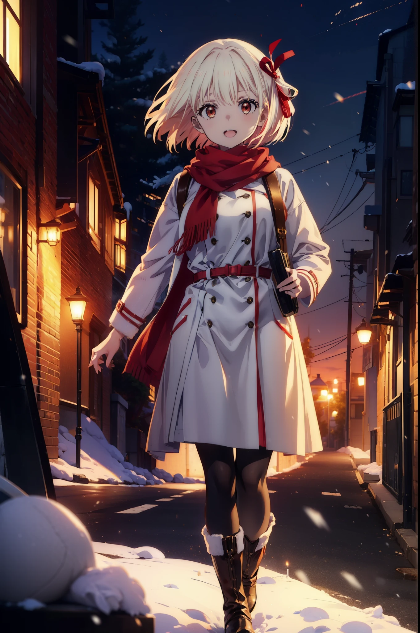  chisato nishikigi, short hair, bangs, Blonde, (Red eyes:1.5), hair ribbon, One side up, Bobcut,happy smile, smile, Open your mouth,Red scarf,White long coat,Long skirt,Black Pantyhose,short boots,Walking,snowが降っている,snowが積もっている,snow,snow,snow,whole bodyがイラストに入るように
break looking at viewer, whole body, 
break outdoors, Building district,
break (masterpiece:1.2), highest quality, High resolution, unそれy 8k wallpaper, (shape:0.8), (Beautiful and beautiful eyes:1.6), Highly detailed face, Perfect lighting, Highly detailed CG, (Perfect hands, Perfect Anatomy),