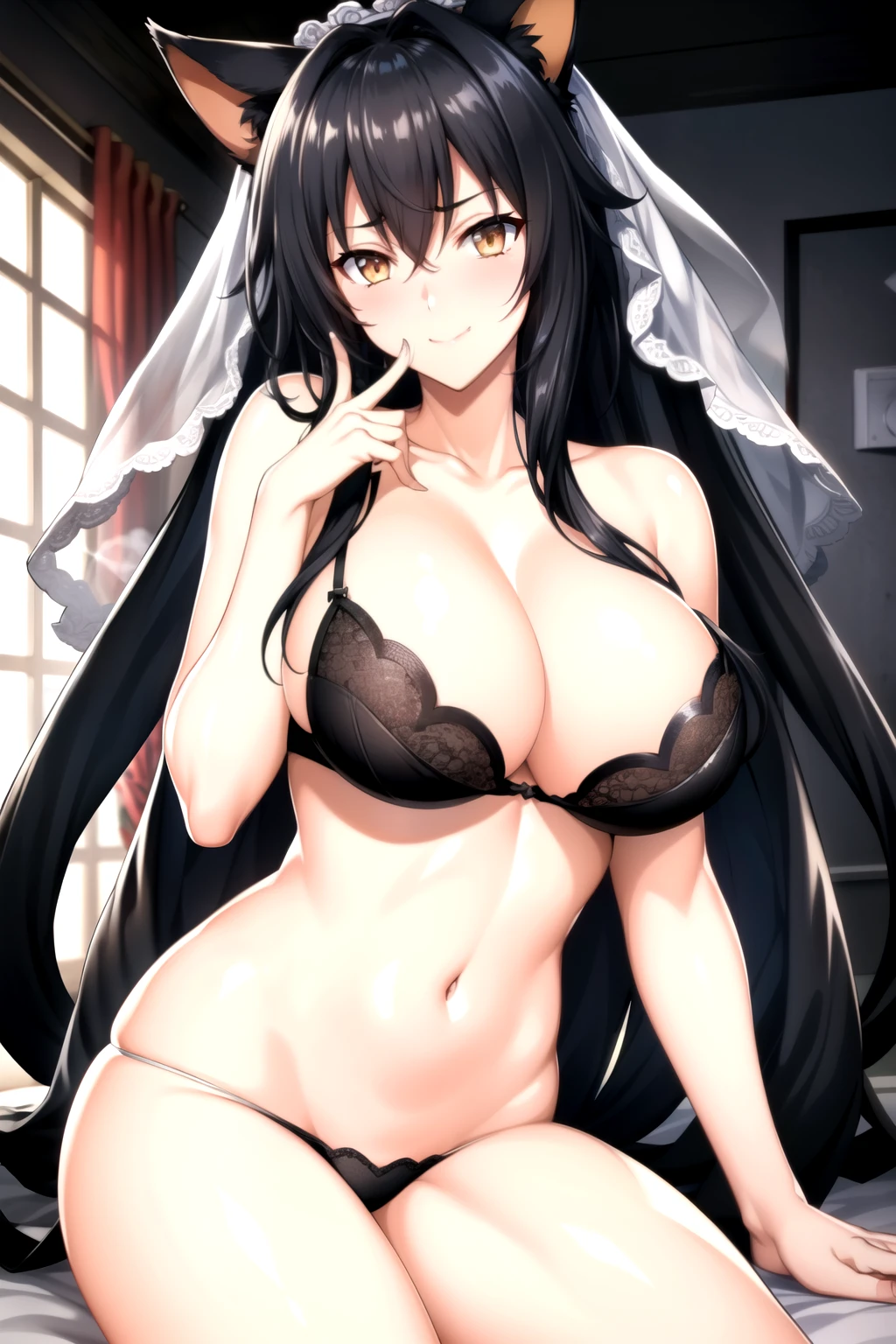 Black Steele, 1 Girl, breast, Animal ears, Solitary, Black Hair, Cat ears,Silky skin,white bra, white lace, white panty bride, veil,cleveage,clavicle, 1 girl, 25 years old,Young women,beautiful Finger,beautiful long legs,beautiful body,beautiful Nose,beautiful character design, perfect Eye, perfect Face,expressive Eye,Perfect balance, Looking at the audience,(Focus on her Face),Residence, (Innocent_大Target_Eye:1.0),Light_Smile, Official Art,Very detailed CG unity 8k wallpaper, Perfect lighting,rich and colorful, bright_front_Face_Lighting,有Light澤的皮膚, (masterpiece:1.0),(the best_quality:1.0), Ultra-high resolution,4K,Very detailed, photography, 8K, HDR, high resolution, absurd:1.2, Kodak Portrait 400, Film Grain, Blurred background, Bokeh:1.2, 镜头Light晕, (Energetic_color:1.2),专业photography师, (beautiful,Target_Chest:1.3), (beautiful_Face:1.5),(narrow_waist),Smile, Happy